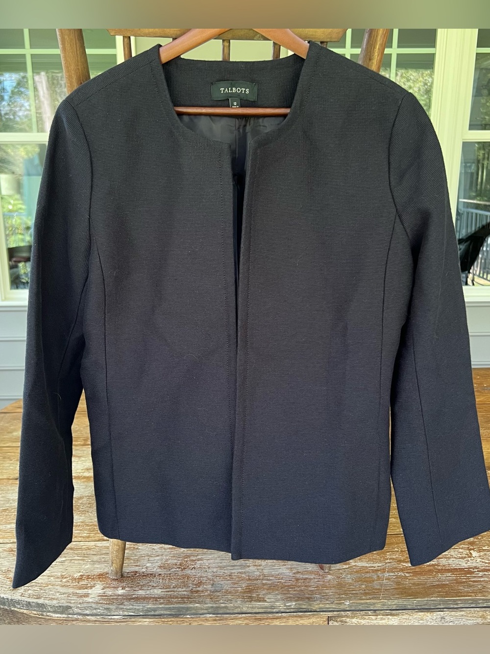 NWT Talbots Black Collarless Open Front Jacket Textured Blazer 12